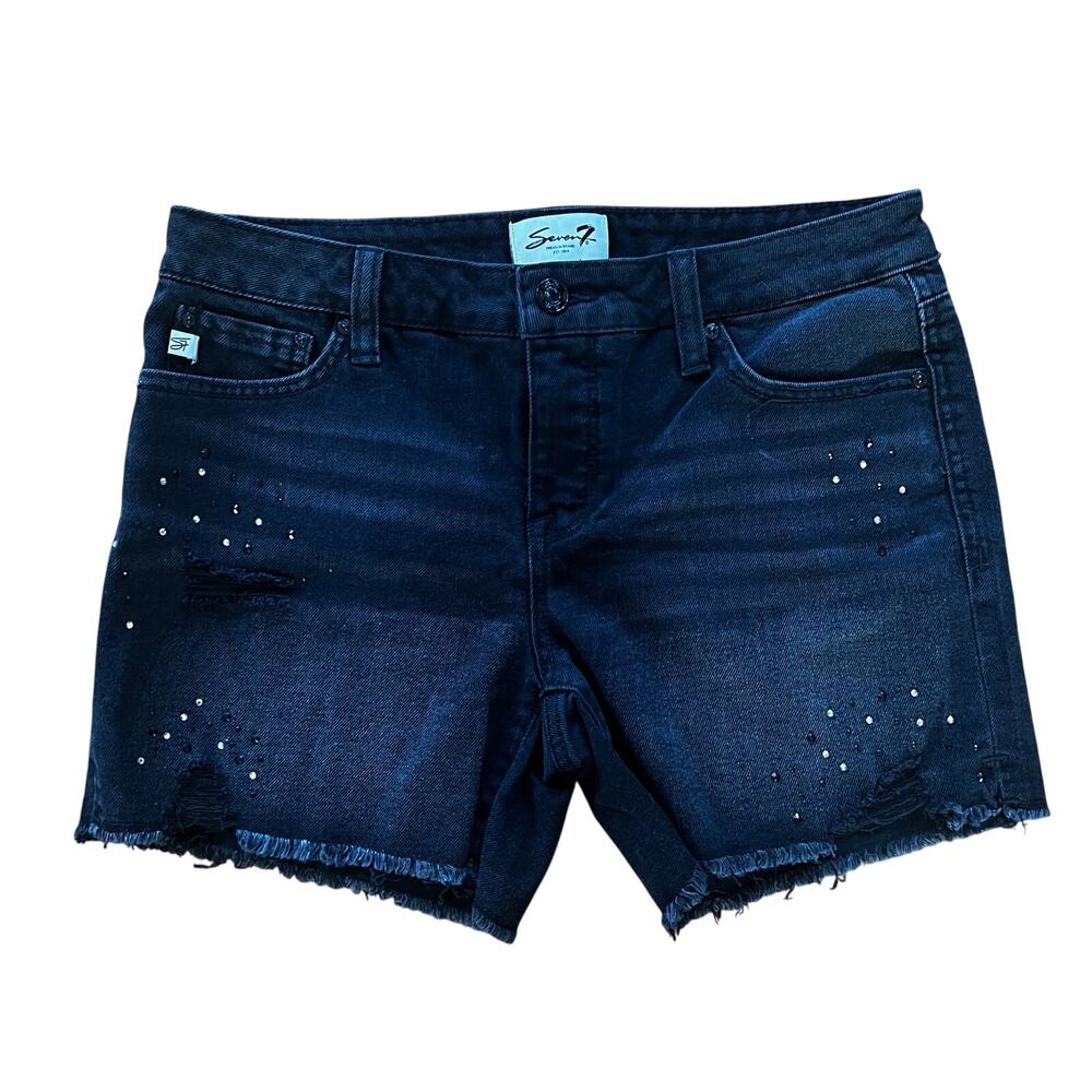 Seven7 Black Distressed Rhinestone "Weekend Short" Denim | Women’s 4 - Picture 1 of 5